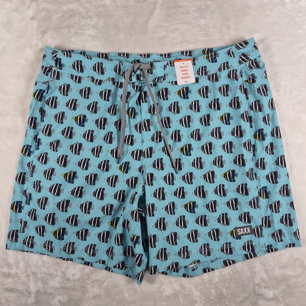 SAXX Betawave 2N1 Swim Trunks Men's 38 Blue Lined Fish Print Beach Shorts NWT